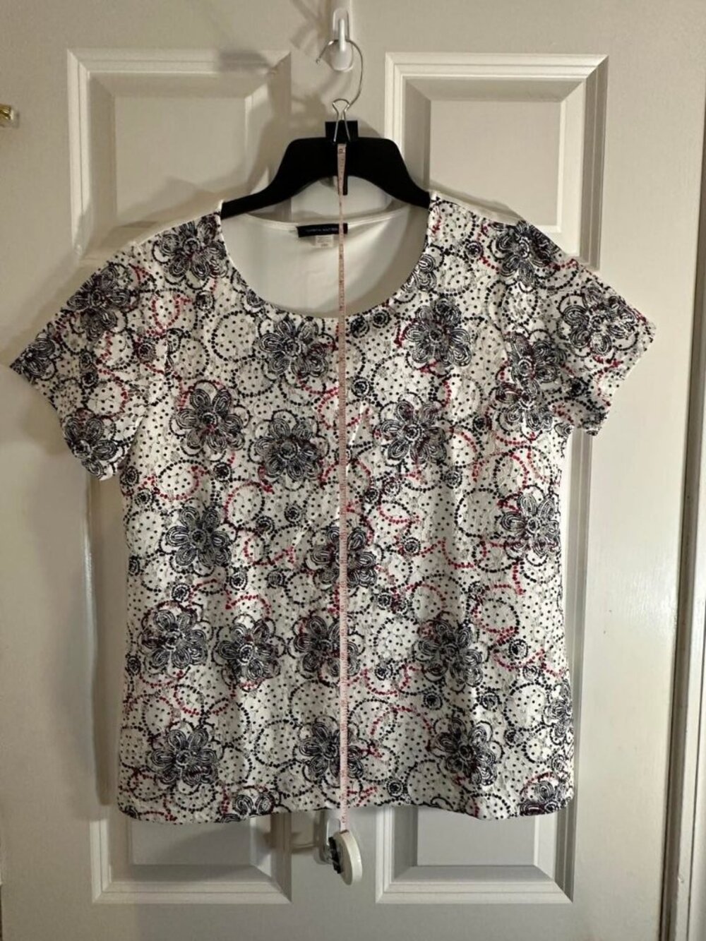 Tommy Hilfiger White Navy Red Floral Lace Overlay Top L